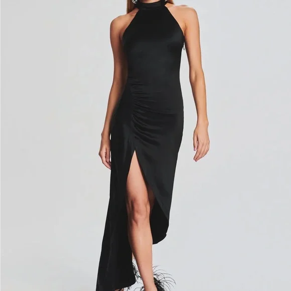 long sleeve evening dress black High Neck Split Black Long Sleeves Prom Dress With Star PSK067
